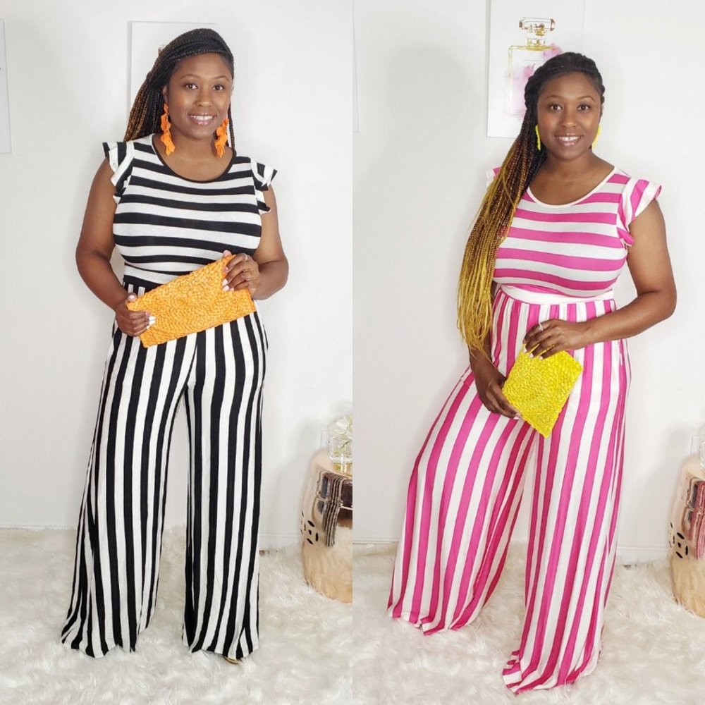 Women's Flutter Sleeve Striped Wide Leg Jumpsuit Black & White